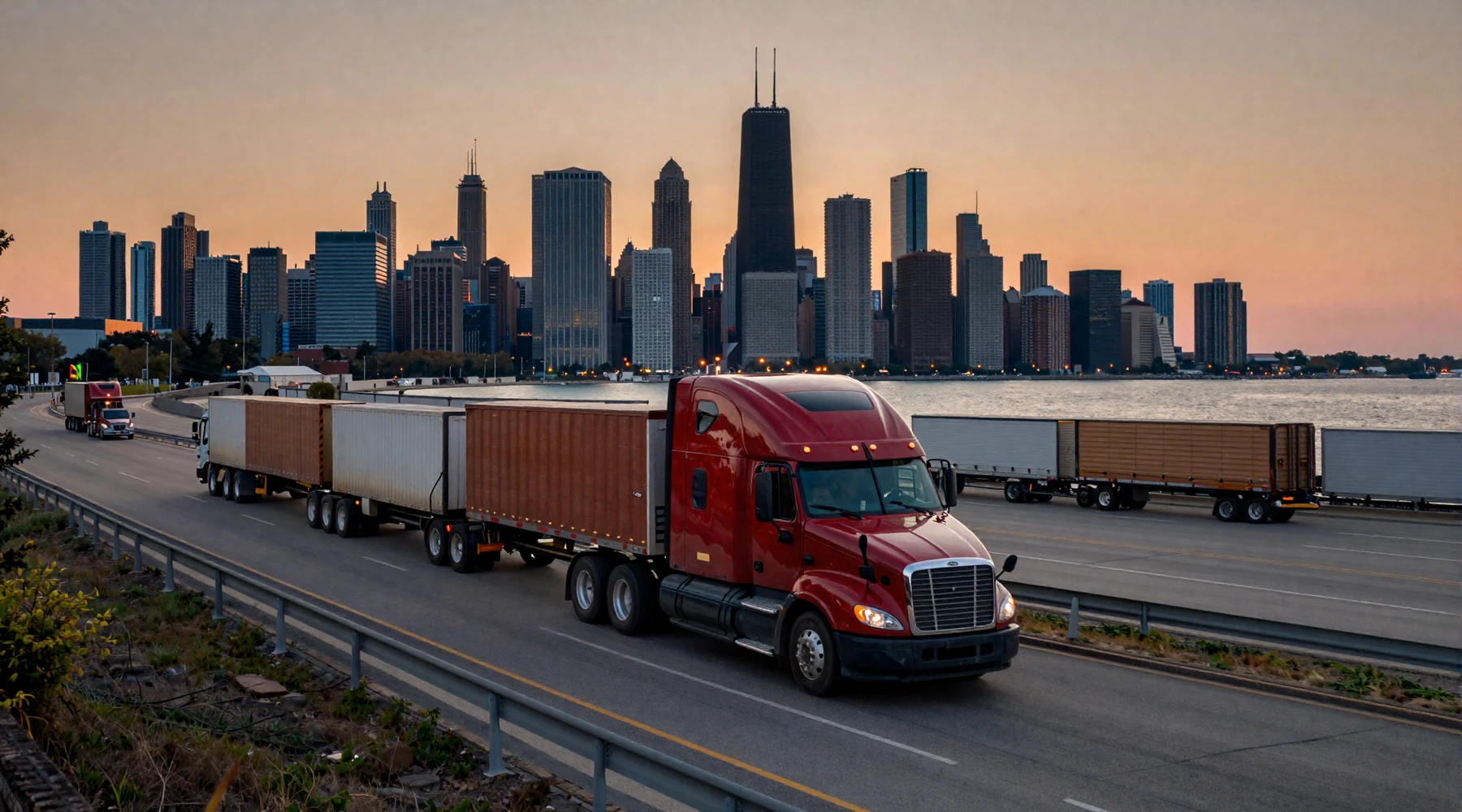 Chicago skyline at sunset with semi-truck on I-90 for trucker dating Illinois