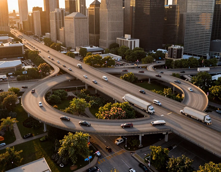 Chicago Circle Interchange at golden hour with 18-wheeler traffic - Midwest freight hub for trucker dating