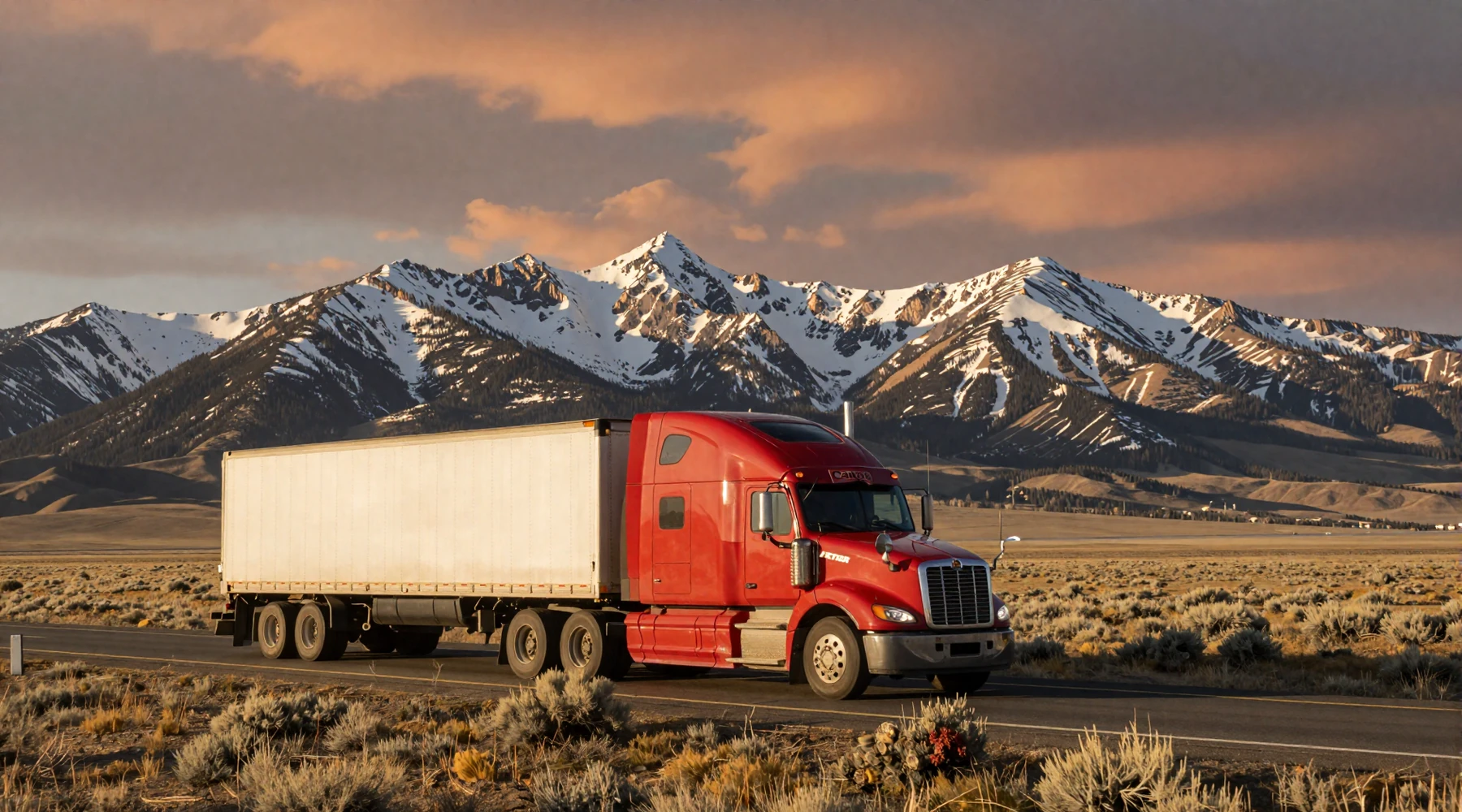 Modern semi-truck on I-80 across Wyoming high plains at sunset for trucker dating Wyoming