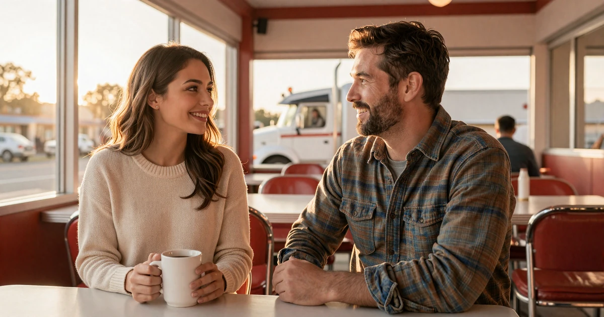 Woman and truck driver sharing coffee at a roadside diner during home time