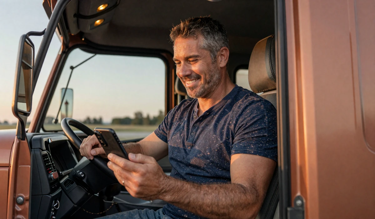 Long-haul truck driver on a video call with his partner from the sleeper cab at sunset