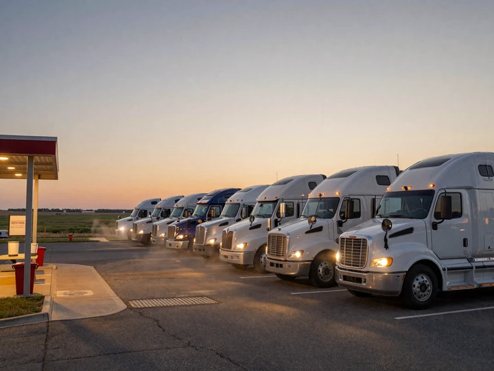 Nebraska I-80 rest area at dawn with parked semi-trucks for trucker dating Nebraska
