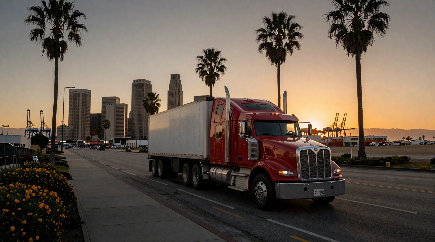 Los Angeles downtown skyline at sunset with red 18-wheeler on I-10 freeway - trucker dating Los Angeles hero