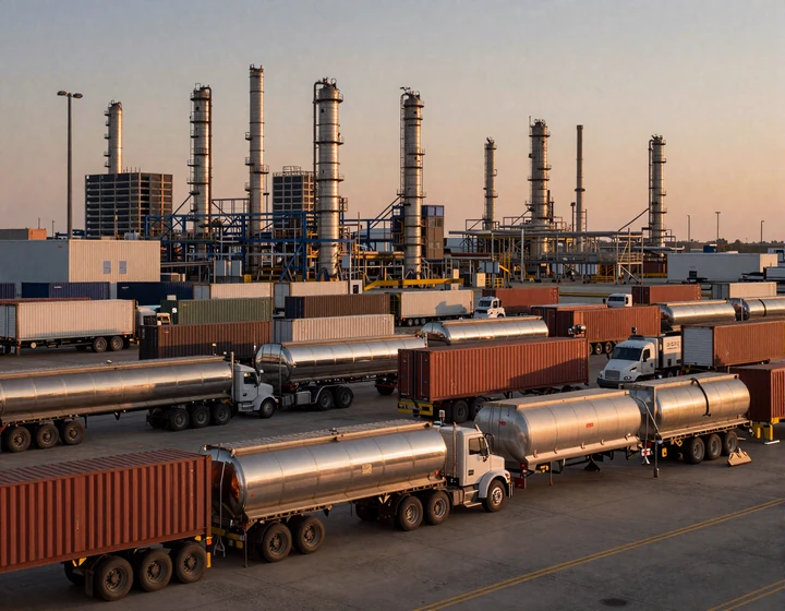 Houston freight interchange at sunrise with tanker and container trucks near Port Houston - Texas energy freight hub for trucker dating