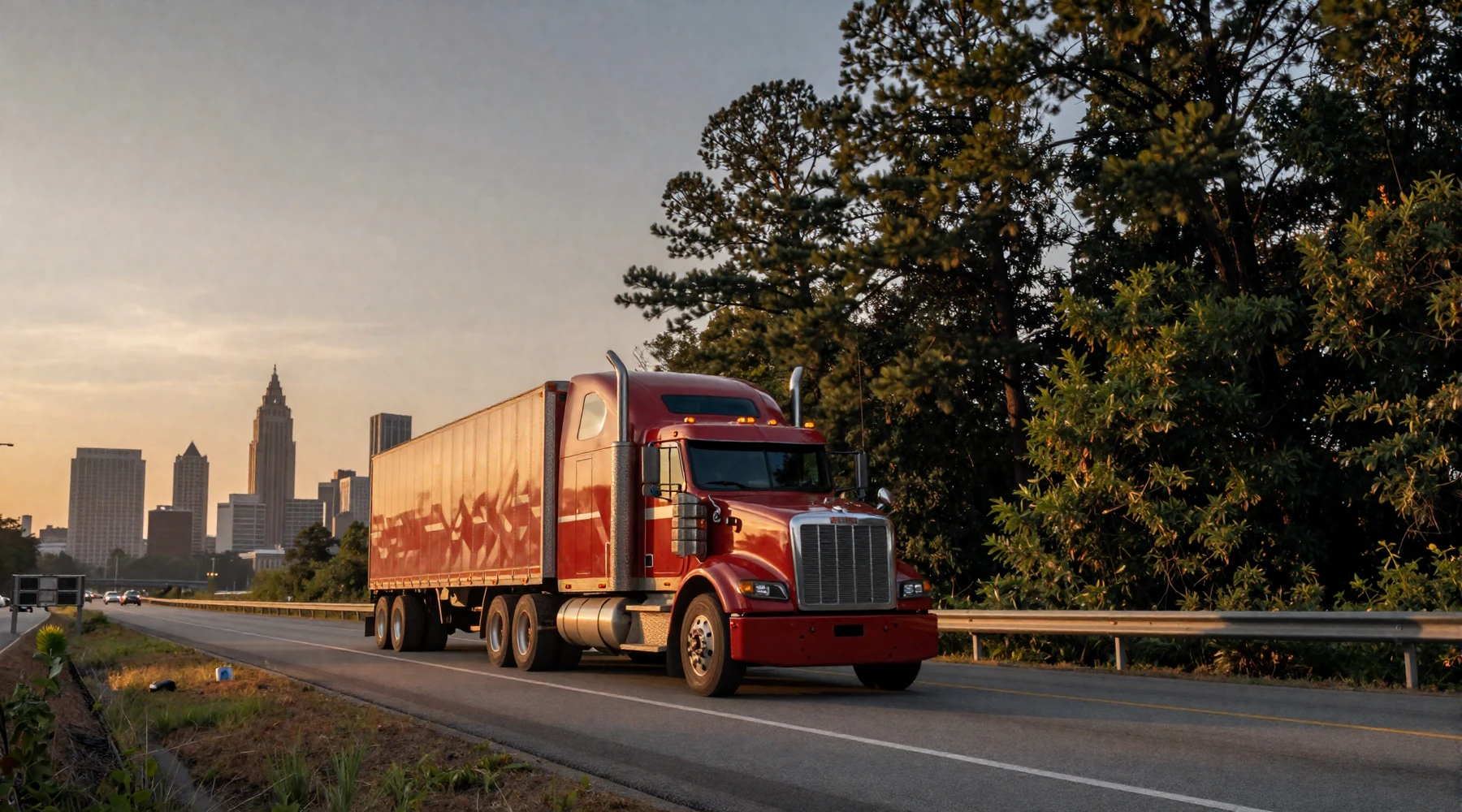 Semi-truck on I-20 with Atlanta Georgia skyline at sunset for trucker dating Georgia
