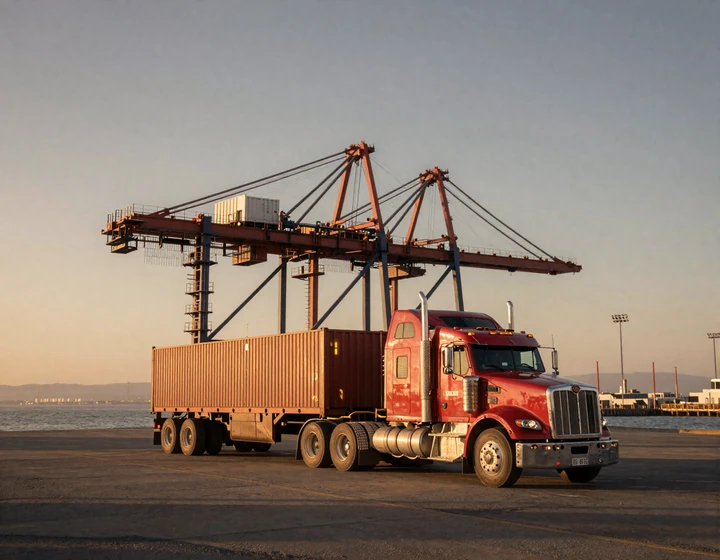 Port of Los Angeles container terminal at sunset with 18-wheeler - West Coast freight hub for trucker dating