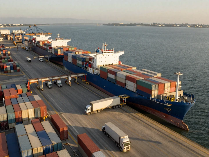 Port of Long Beach with semi-trucks loading containers for California freight trucker dating