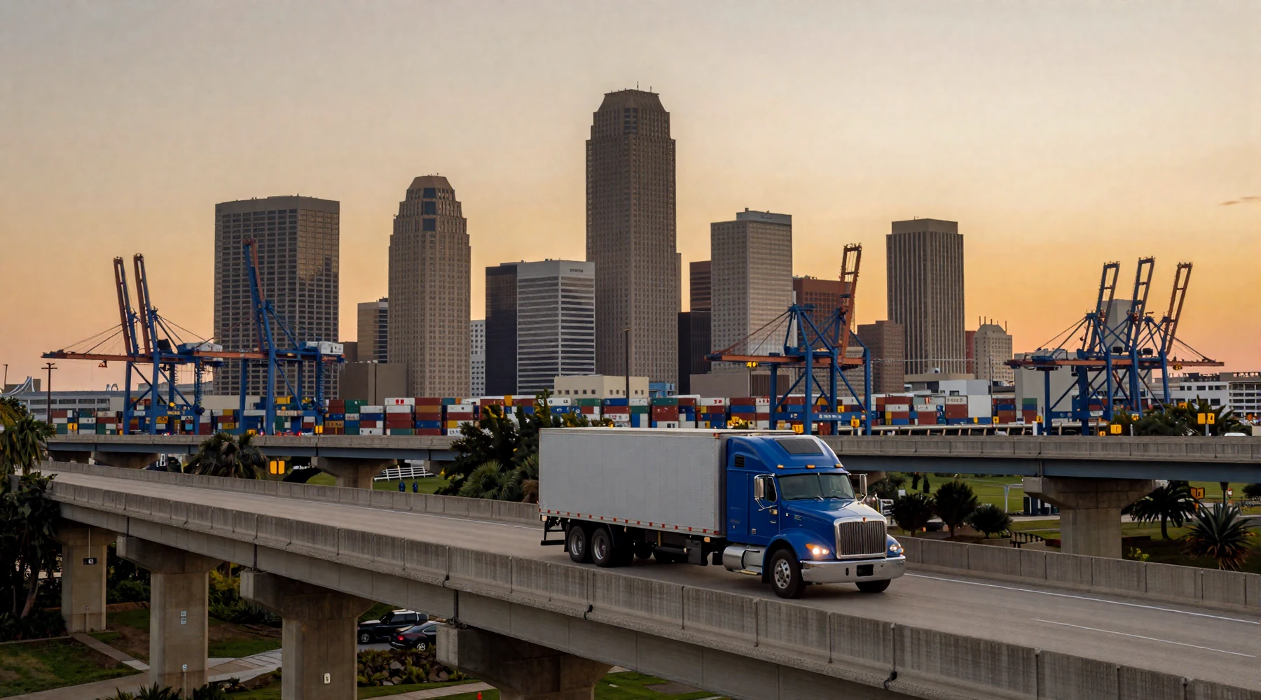 Houston Texas skyline at sunset with Port Houston cranes and 18-wheeler on I-45 - trucker dating Houston hero