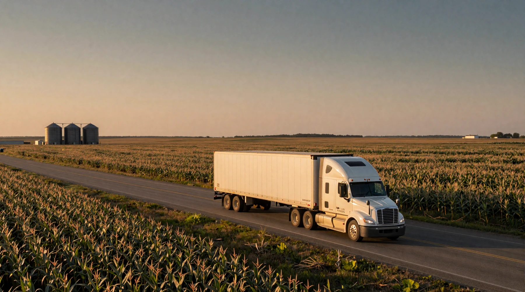 Modern semi-truck on I-80 across Nebraska cornfield at sunset for trucker dating Nebraska