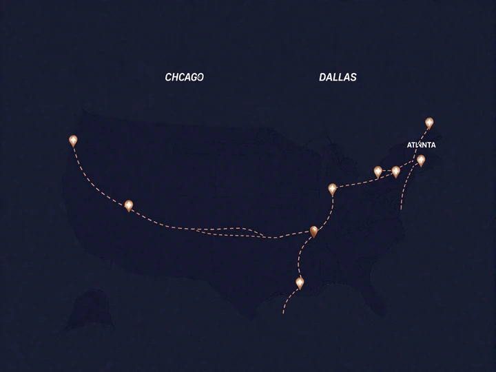 Route-Match map showing CDL dating corridors Chicago to Dallas and Dallas to Atlanta