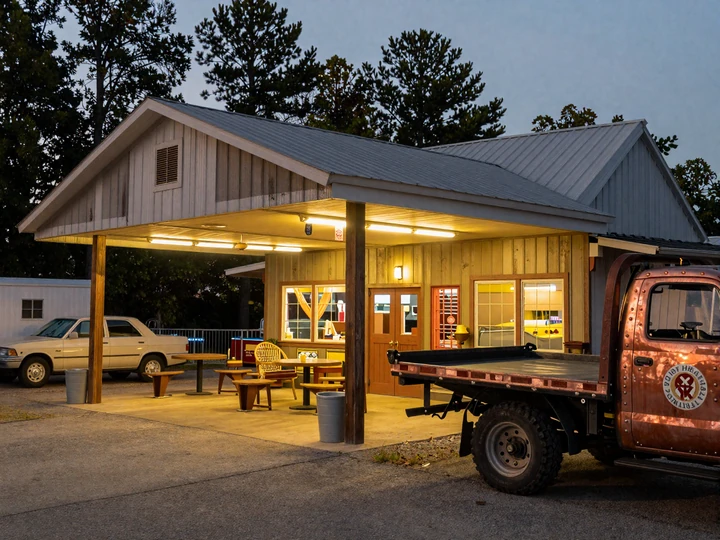 Arkansas truck stop diner along I-40 at twilight - real meeting point for trucker dating Arkansas