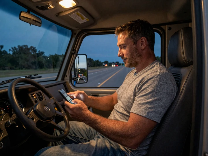 CDL trucker using private dating messaging from his cab at night