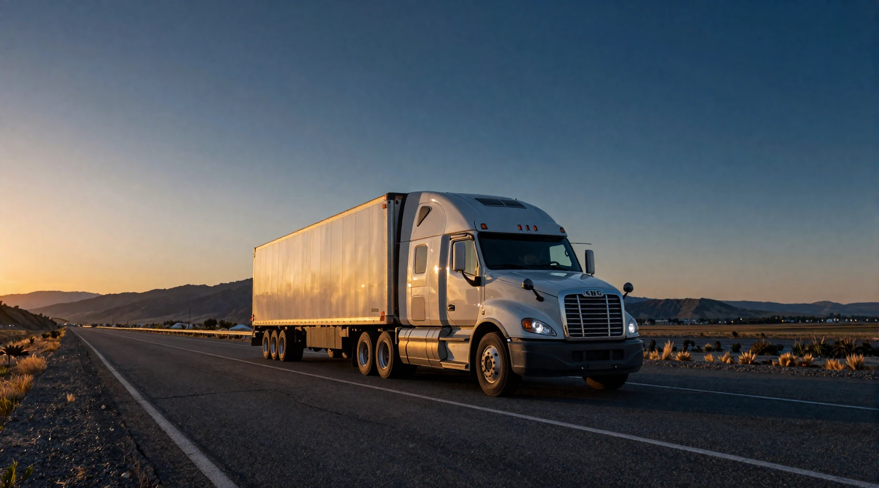 Modern American CDL truck on highway at sunset showing route-based trucker dating concept