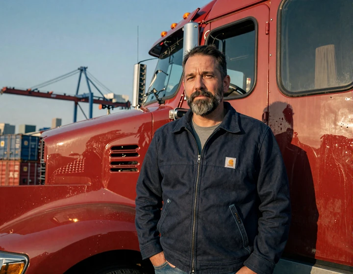 CDL driver leaning against red Peterbilt at Port Newark container terminal - premium NYC trucker dating context