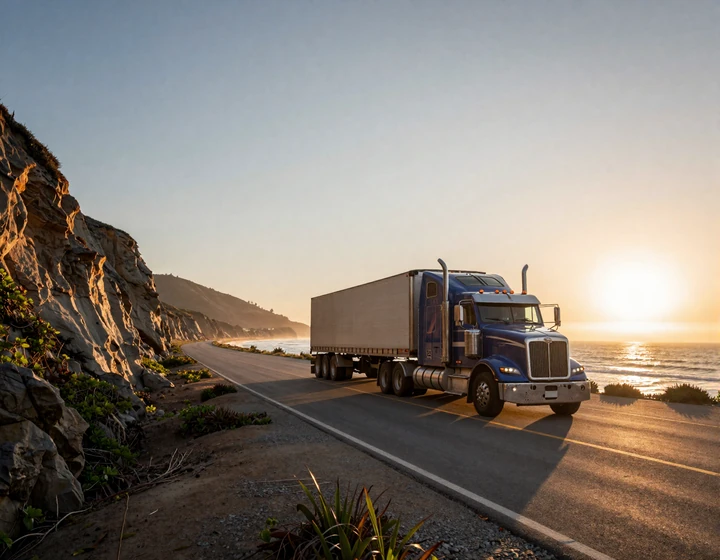 US-101 Pacific Coast Highway with 18-wheeler at sunset - California coastal trucker routes