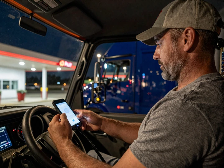 Truck driver editing his dating profile on a smartphone inside the cab at a lit truck stop at dusk