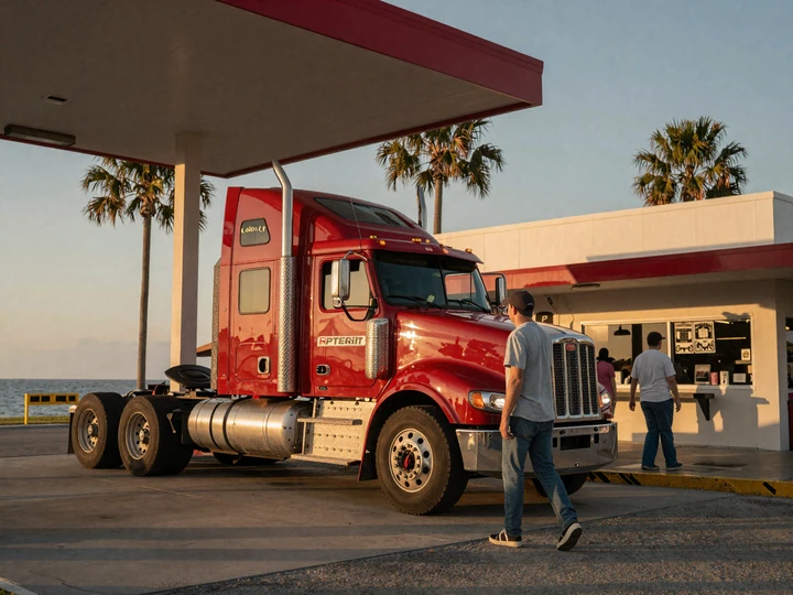 Small-town Iowa diner at dusk with parked Kenworth semi-truck - trucker dating Iowa meeting spots