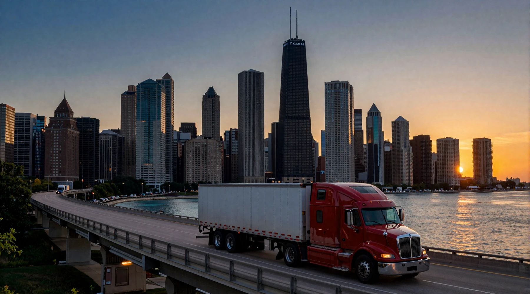 Chicago skyline at dusk with red 18-wheeler on I-90 Kennedy Expressway - trucker dating Chicago hero