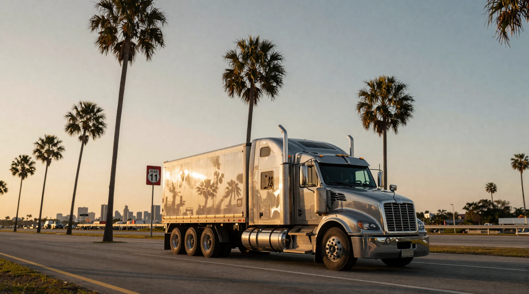 Semi-truck on I-10 Florida at sunset for trucker dating Florida