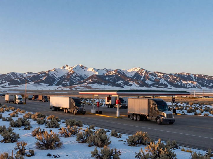 Wyoming I-80 rest area at dawn with parked semi-trucks for trucker dating Wyoming