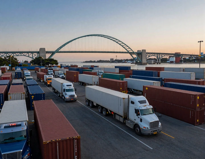 Port Elizabeth intermodal yard at dawn with 18-wheelers and Bayonne Bridge - Newark port trucker dating context