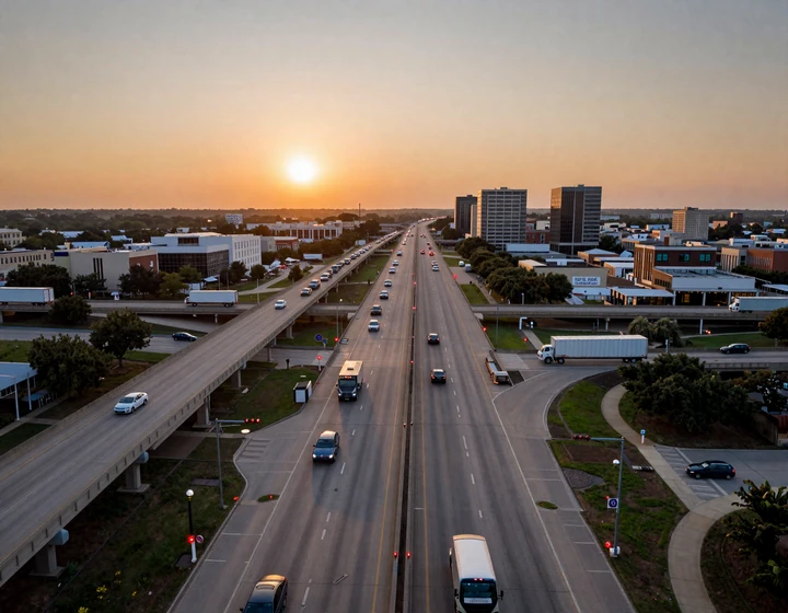 Dallas freeway interchange at golden hour with 18-wheeler traffic - Texas freight hub for trucker dating