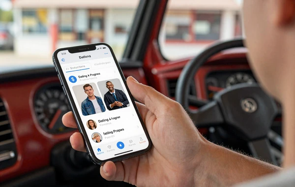 CDL driver comparing dating apps from a truck stop diner