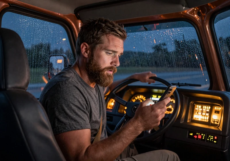 CDL driver frustrated with Tinder dating app from his truck cab at night