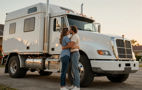 Trucker couple reuniting after a long haul illustrating maintaining relationships