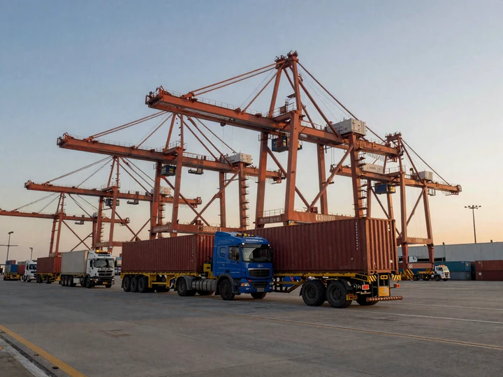 Port Houston container terminal at sunrise with intermodal trucks and gantry cranes - petrochemical and port lanes for Houston trucker dating