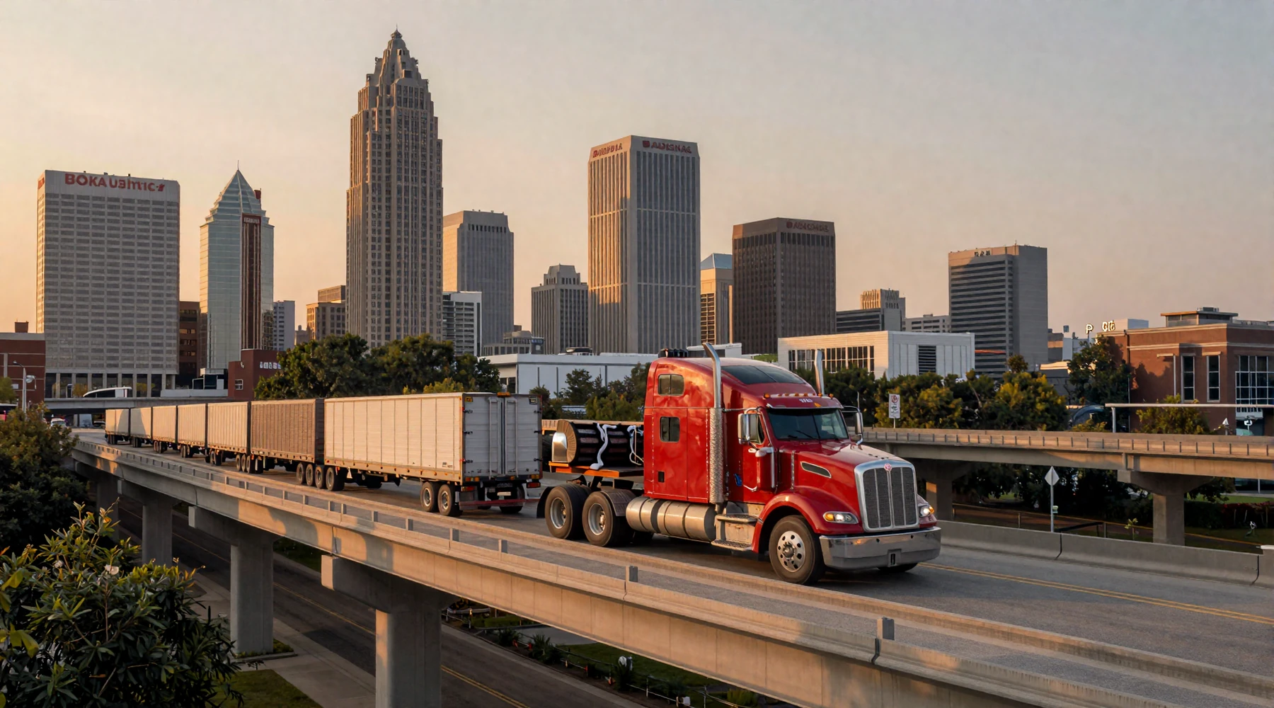 Atlanta Georgia skyline at golden hour with red 18-wheeler on I-285 overpass - trucker dating Atlanta hero