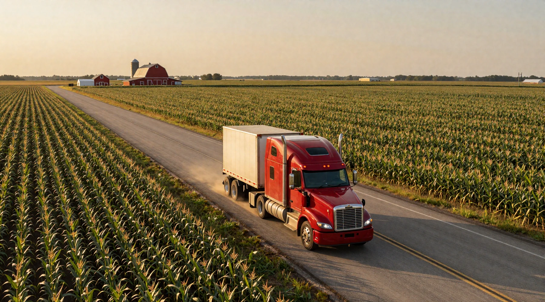 Red semi-truck rolling east on I-80 through Iowa cornfields at golden hour - trucker dating Iowa