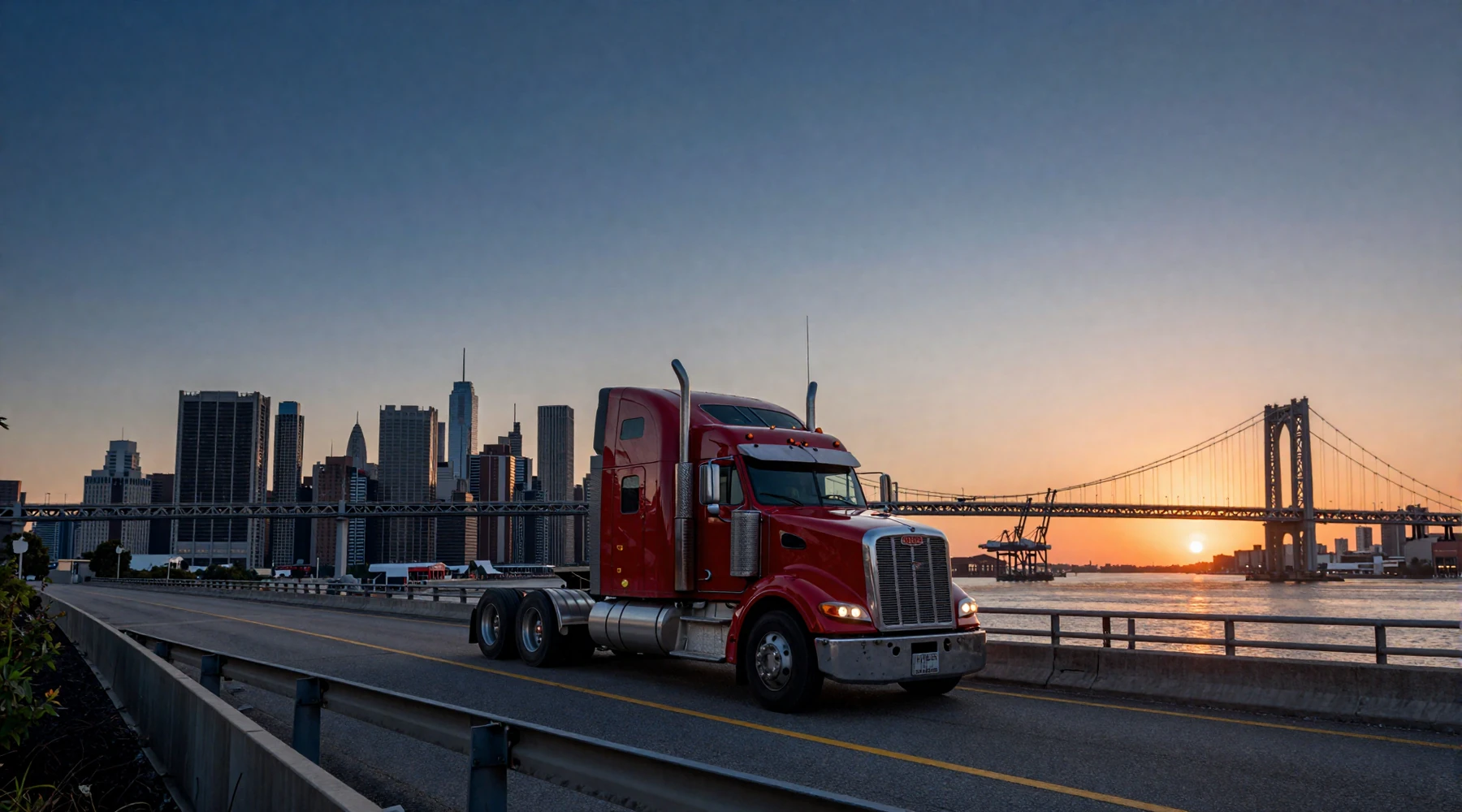 Manhattan skyline at dusk with red 18-wheeler on I-95 New Jersey Turnpike approaching George Washington Bridge - trucker dating New York hero