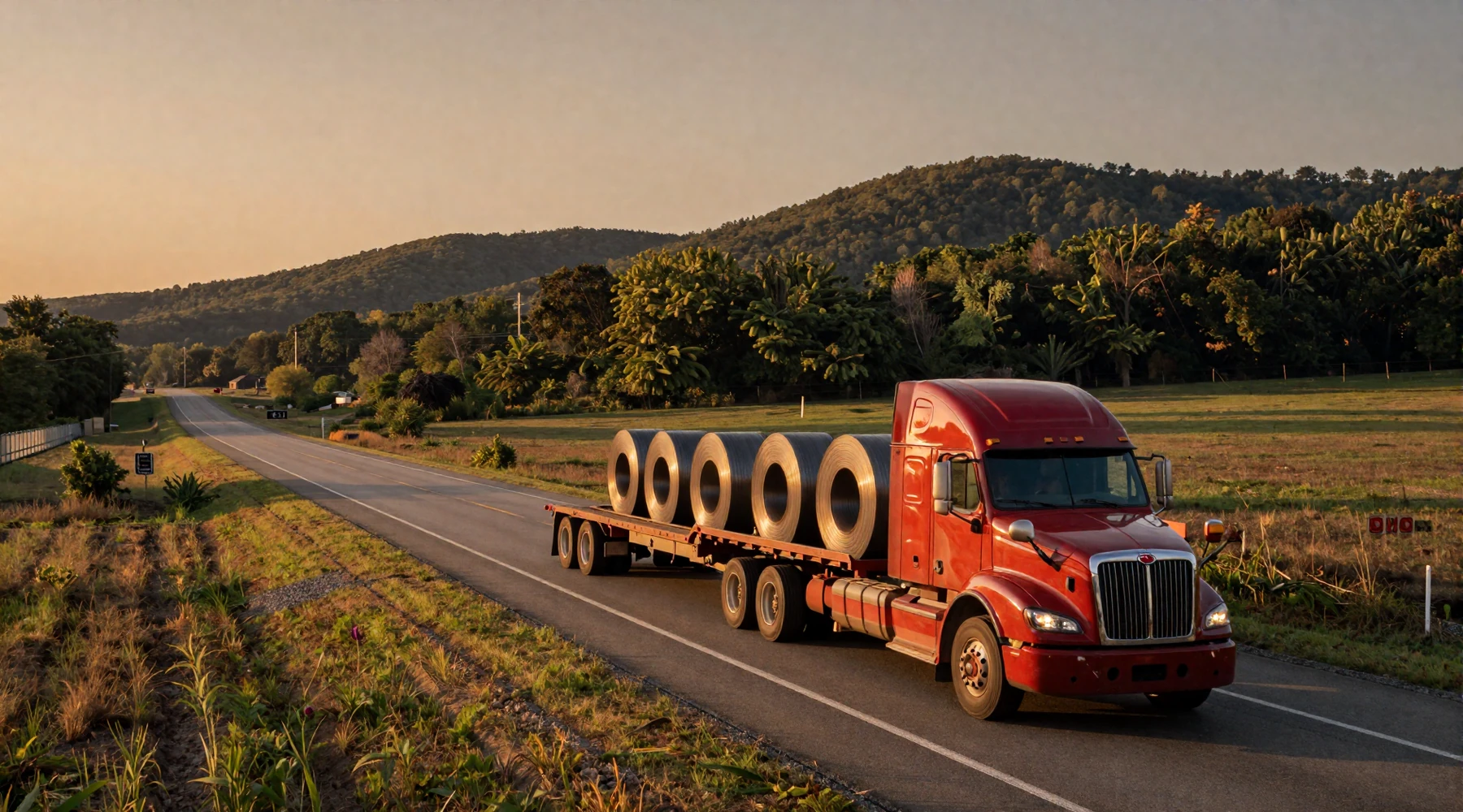 Flatbed semi-truck on I-40 highway through Arkansas Ozark country for trucker dating Arkansas