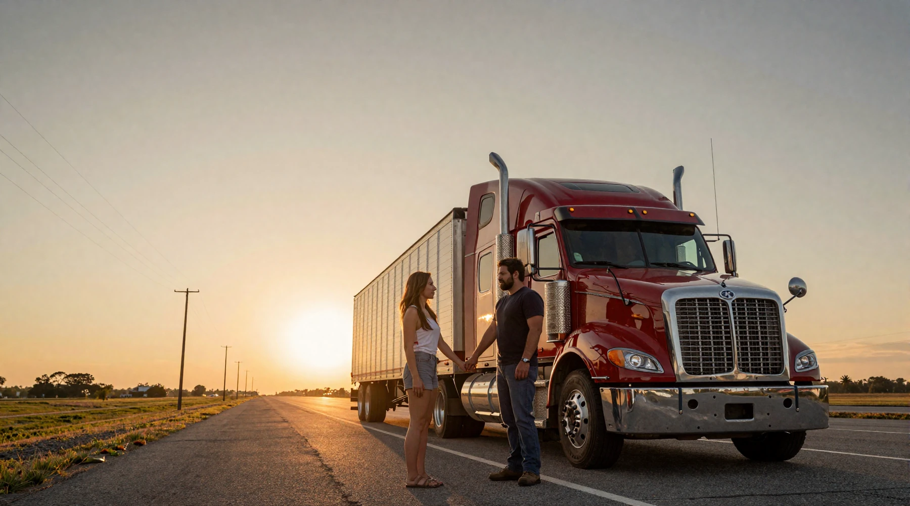 American trucker couple watching sunset together over interstate highway - real trucker dating love story