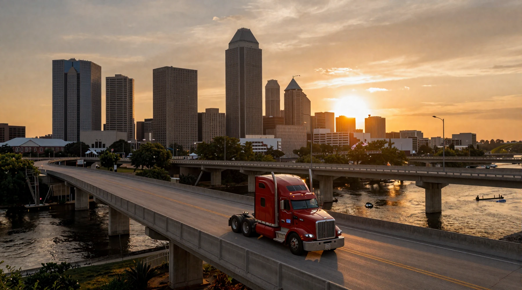 Dallas Texas skyline at sunset with red 18-wheeler on I-35E overpass - trucker dating Dallas hero