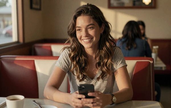 Woman learning how to date a truck driver at an American diner