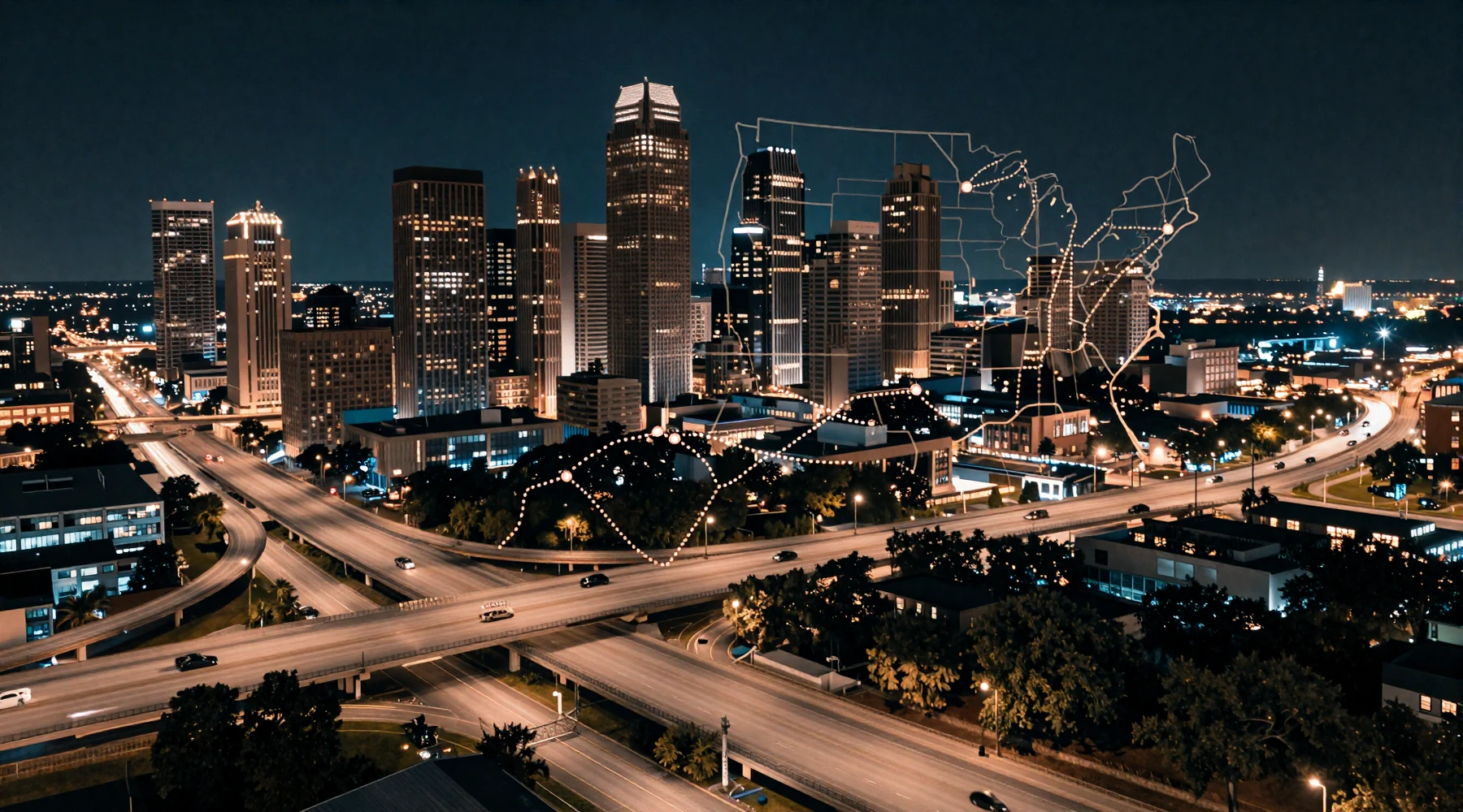 US city map showing trucker dating hubs across Dallas, Chicago, Los Angeles and Atlanta freight corridors