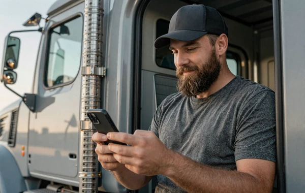 Truck driver applying online dating tips from his cab
