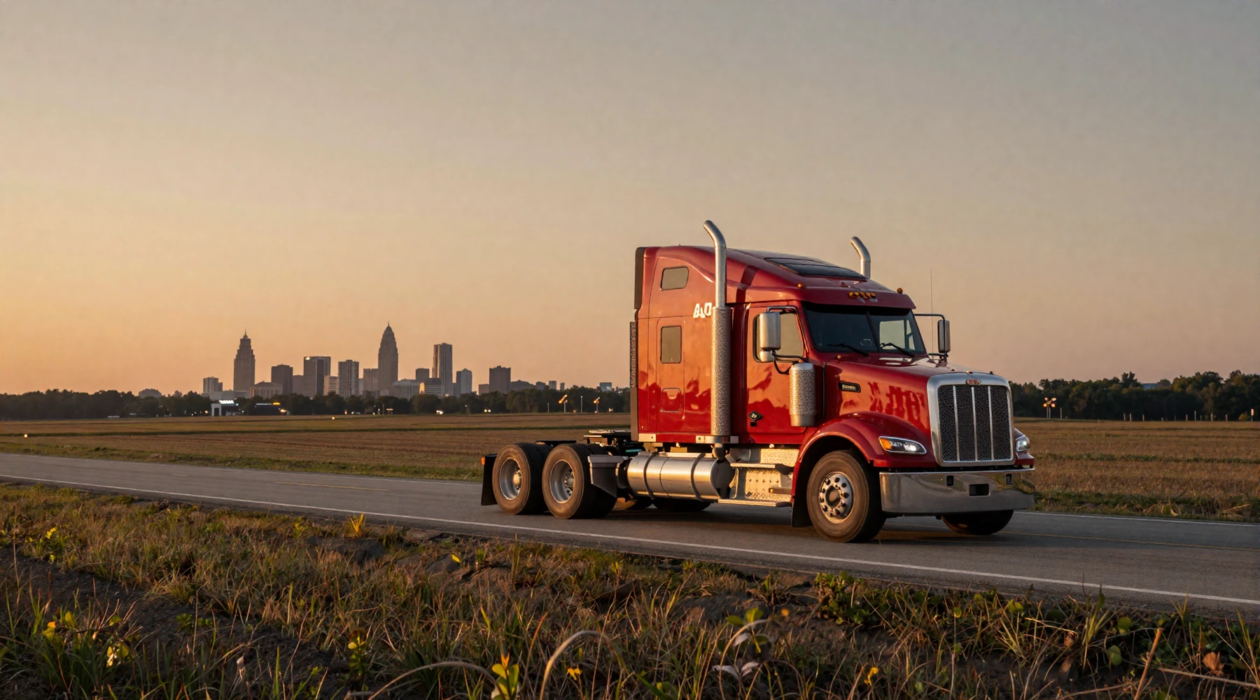 Semi-truck on I-70 through Ohio farmland at sunset for trucker dating Ohio