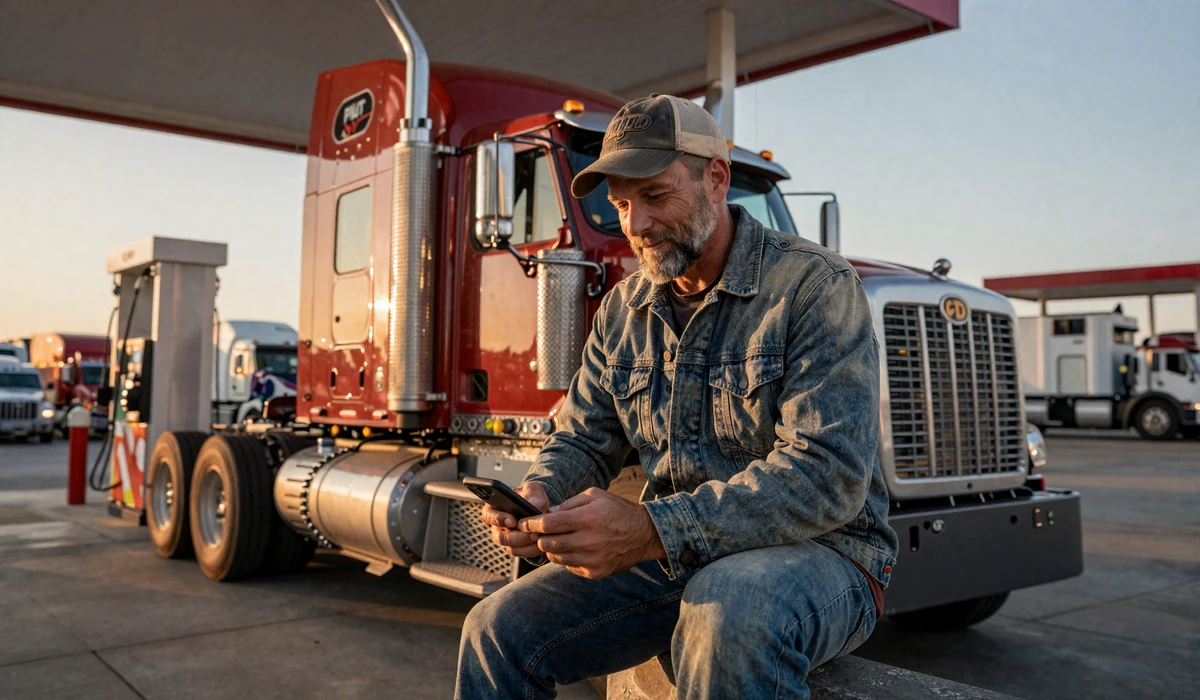 Long-haul truck driver checking dating app messages at a truck stop during sunset on the interstate