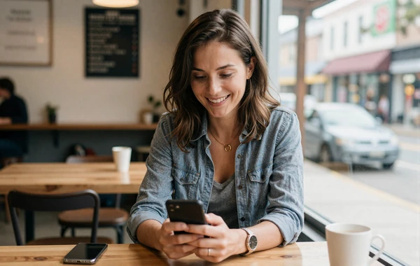 Woman safely connecting with a trucker online from a small town coffee shop