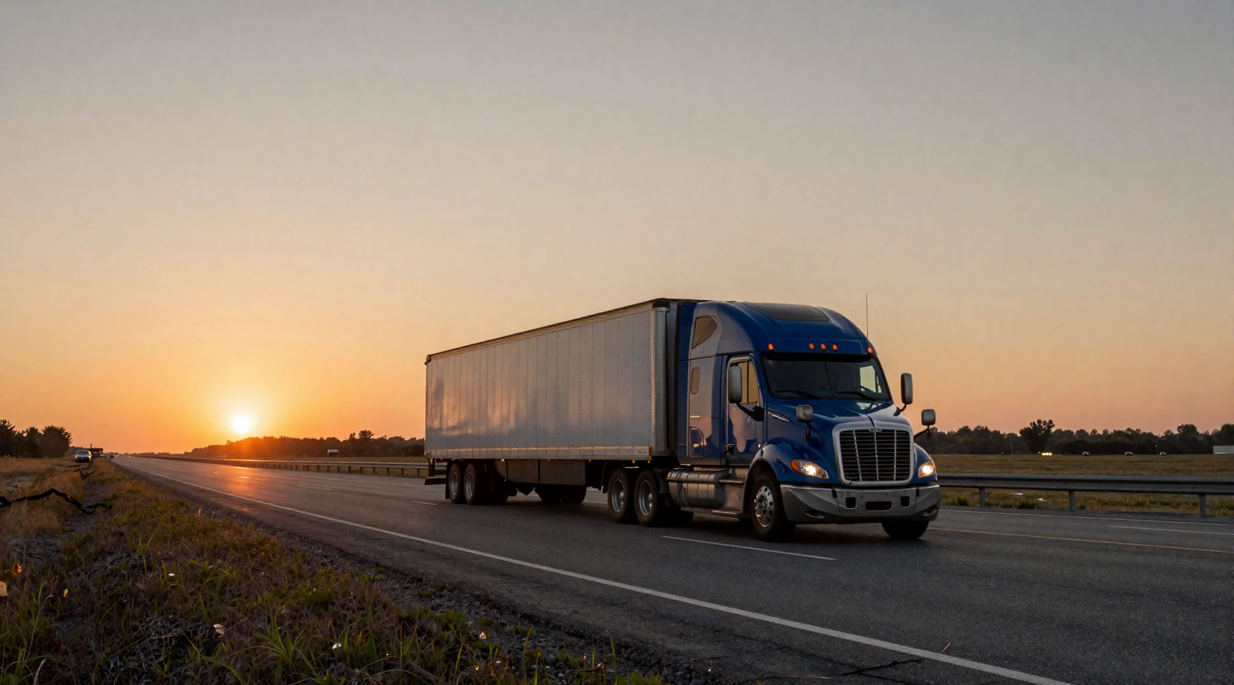 American long-haul trucker dating lifestyle on open highway at sunset
