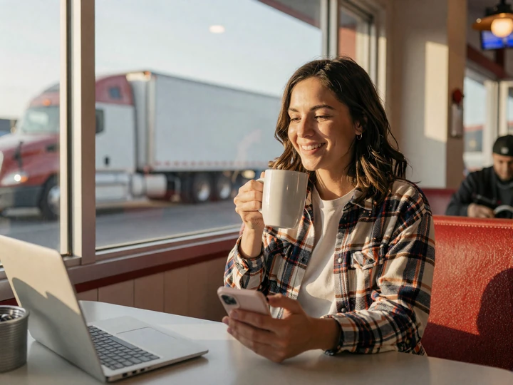 Woman waiting in a roadside diner for a long-haul truck driver date in a major freight city