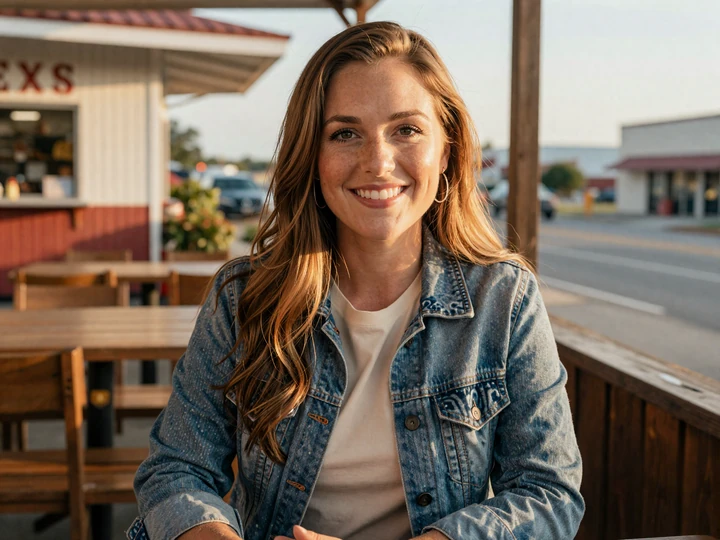 Texas woman in her 30s smiling at a roadside diner near I-35 looking for a trucker relationship