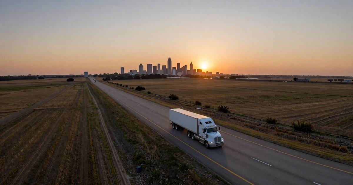 Texas trucker dating - I-35 corridor at sunset with 18-wheeler heading toward Dallas skyline