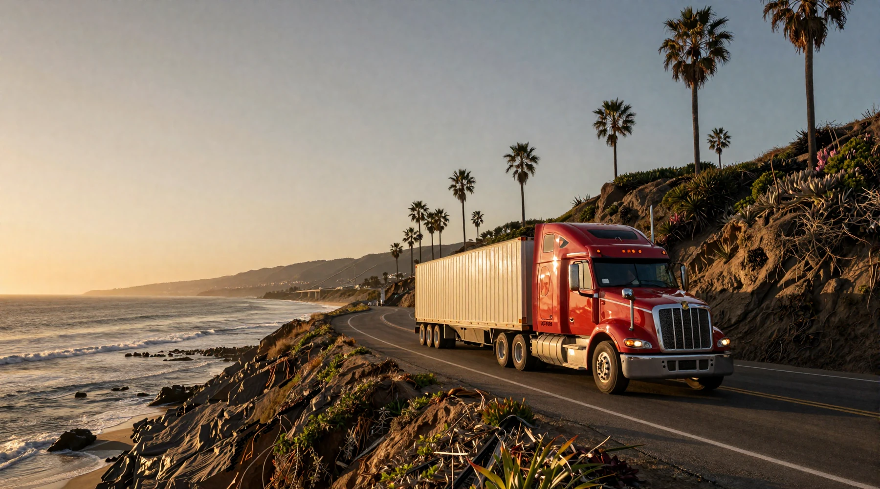 California Pacific Coast Highway with semi-truck at sunset for trucker dating California